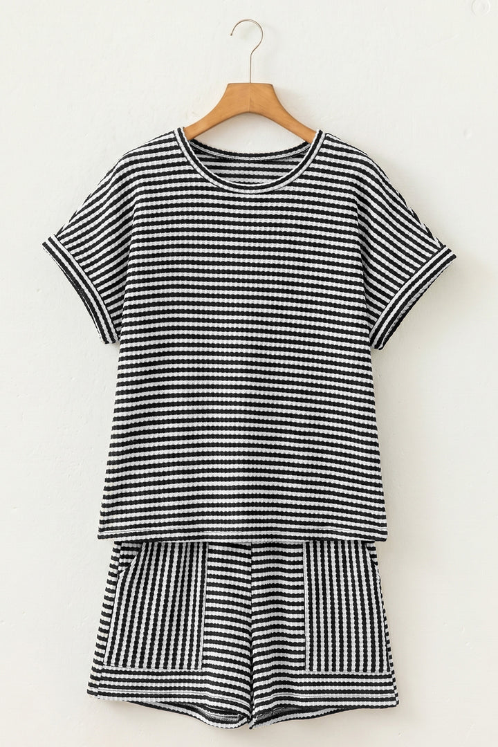 Black Stripe Breathable Textured Knit Short 2pcs Set