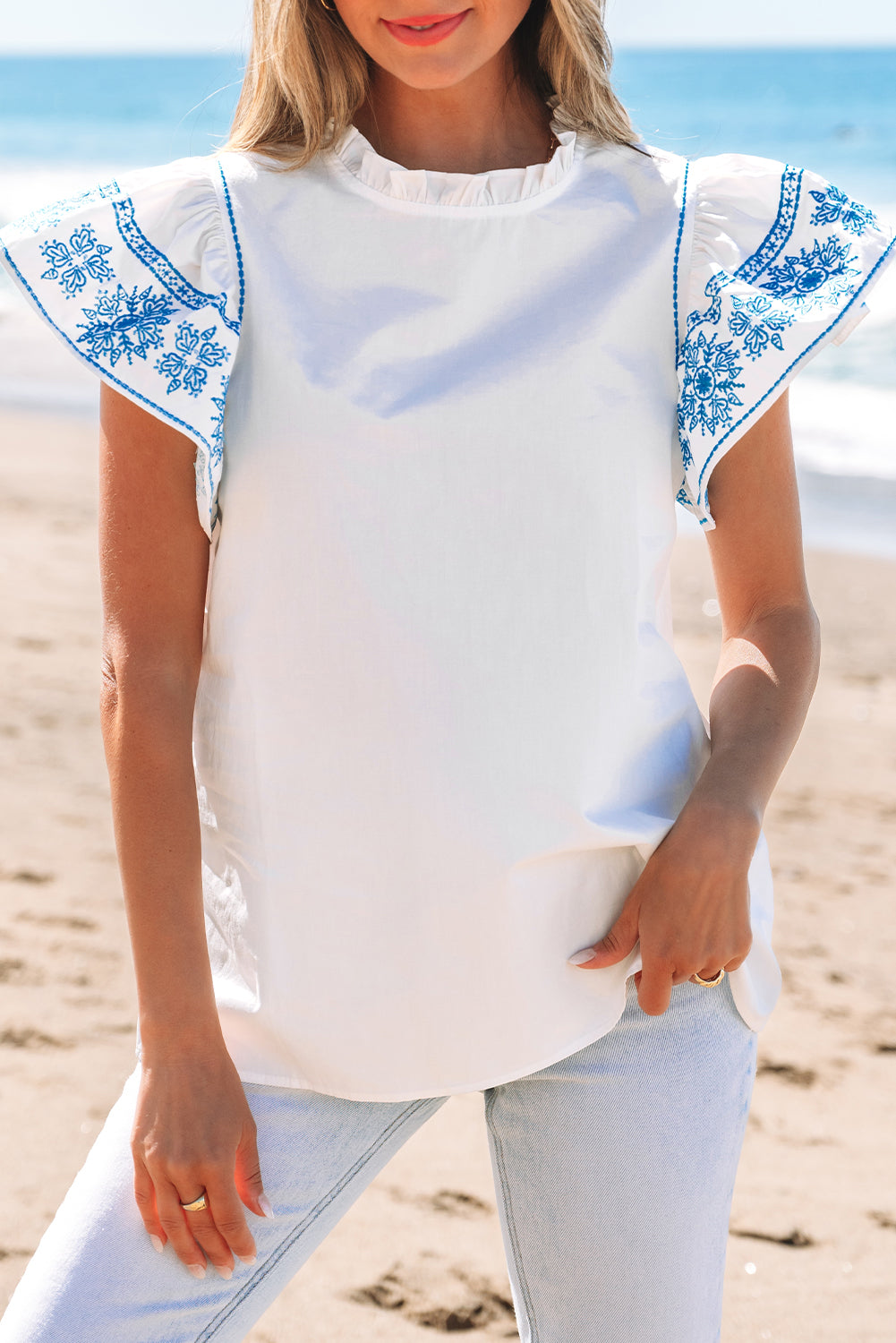 Embroidered Ruffled Sleeve Frilled Collar Blouse