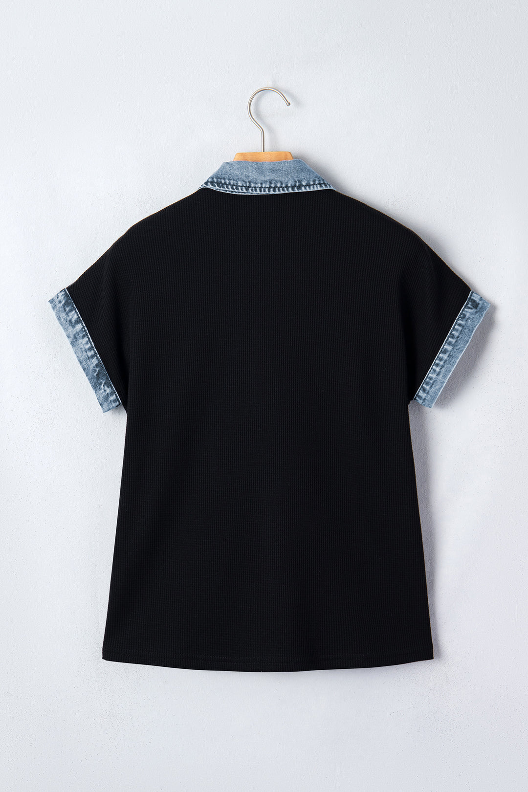 Black Textured Knit Denim Color Block Patchwork Collar Button Down Shirt