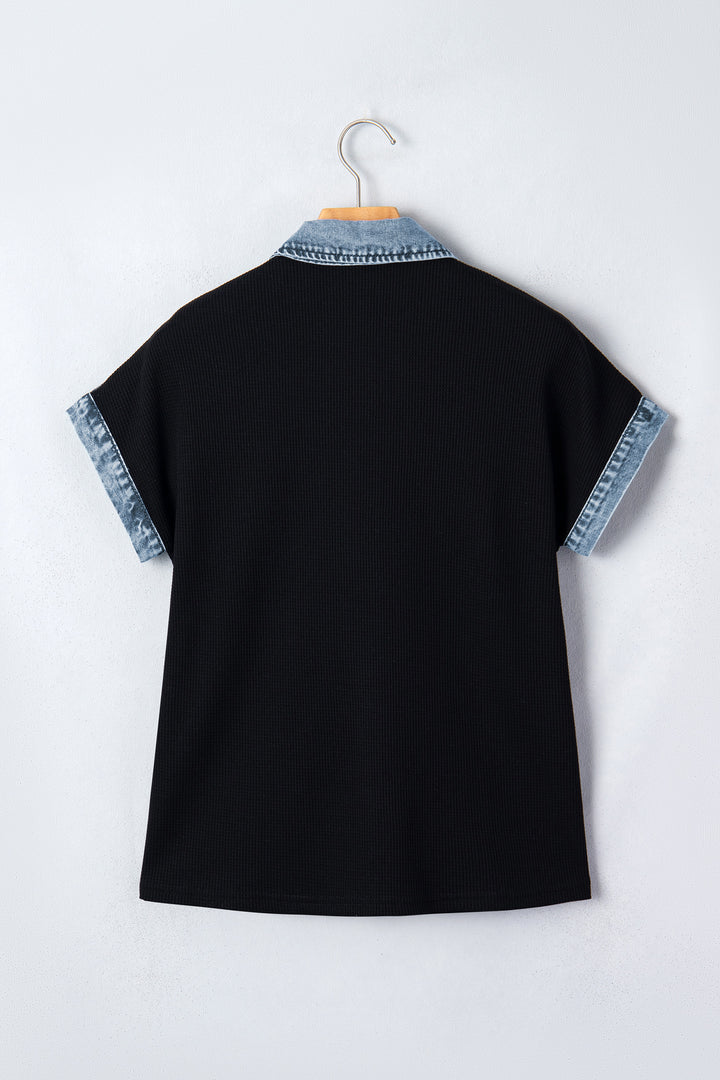Black Textured Knit Denim Color Block Patchwork Collar Button Down Shirt