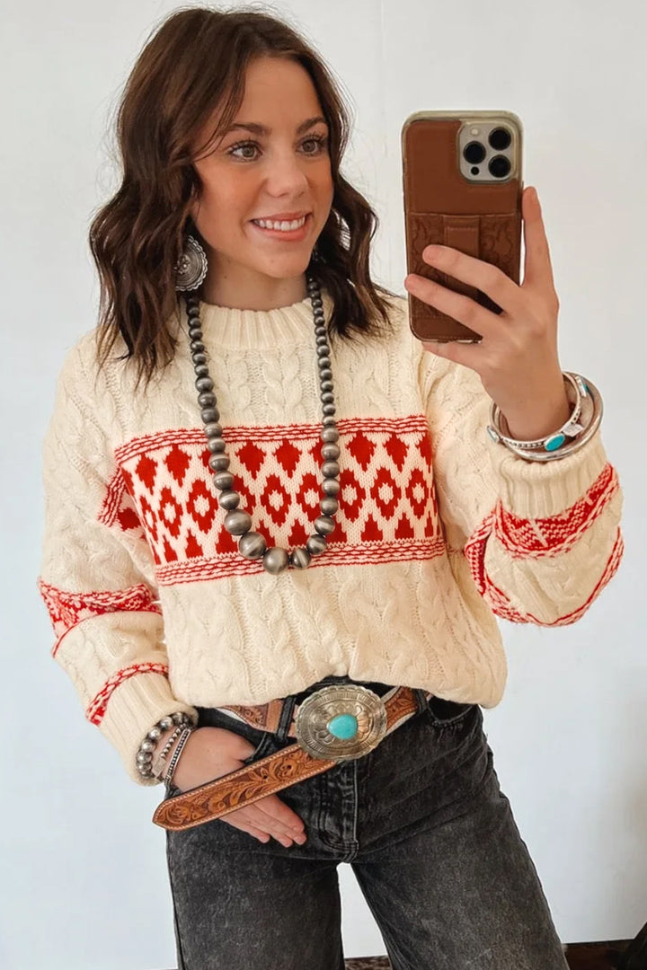 Red Western Print Round Neck Long Sleeve Shift Sweater