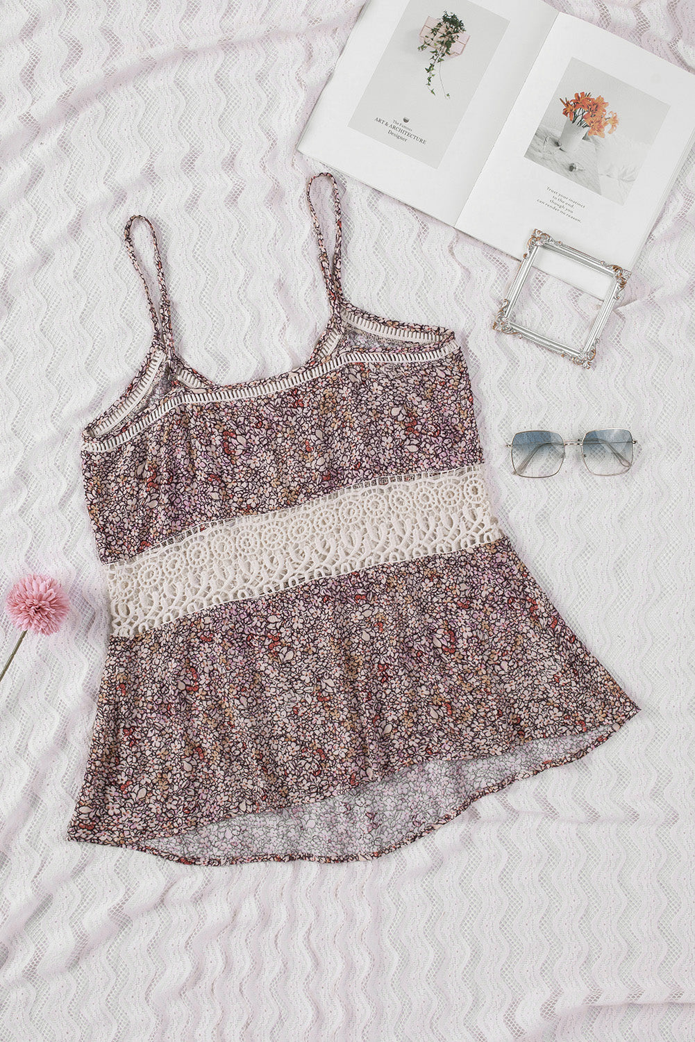 Floral Print Lace Crochet Spaghetti Strap Tank Top