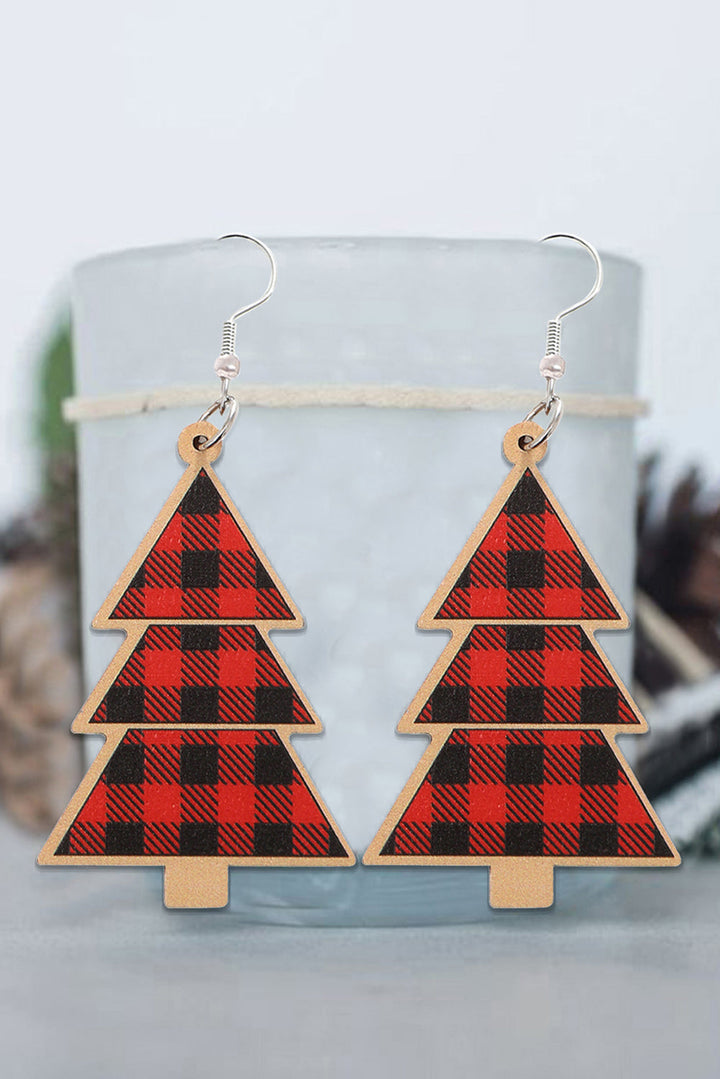 Boucles d'oreilles pendantes en bois motif sapin de Noël à carreaux rouges