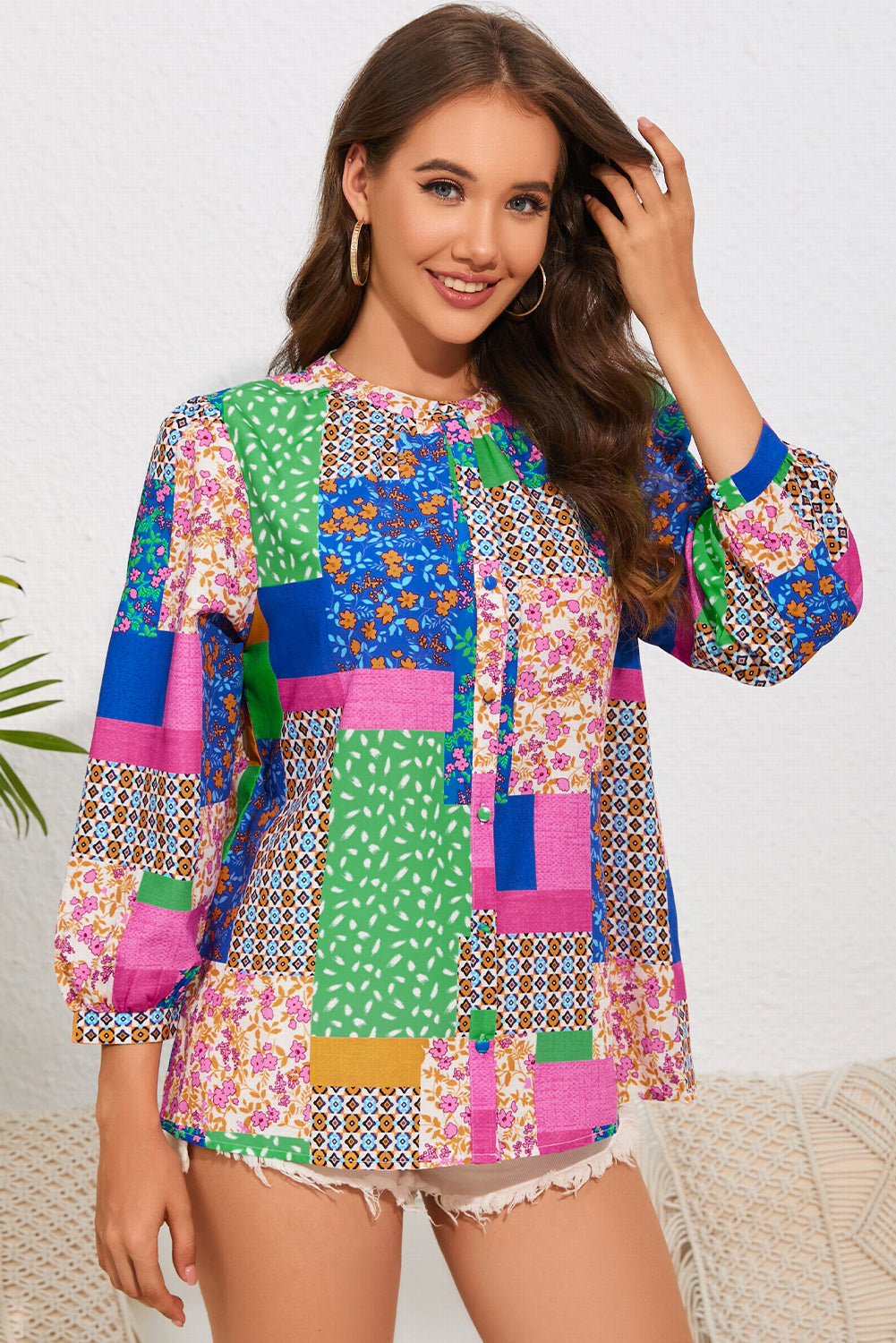 Multicolor Floral Patchwork Print Buttoned Puff Sleeve Shirt