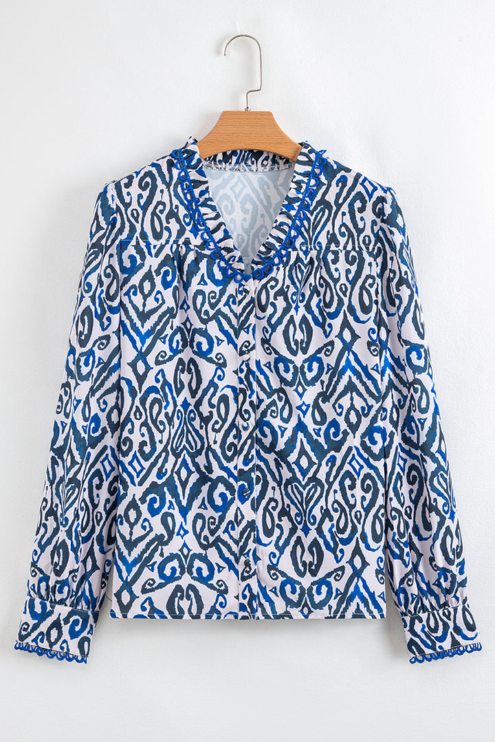Blue Bohemian Print Embroidered V Neckline Detail Long Sleeve Shirt