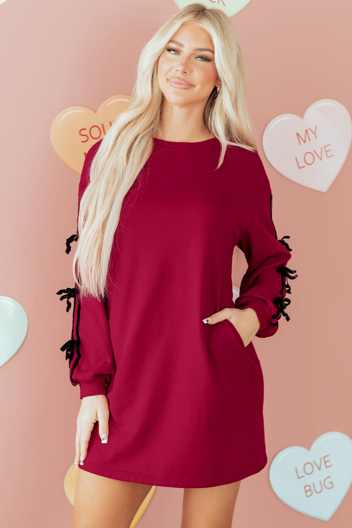 Contrast Striped Bow Detail Drop Shoulder Sweatshirt Dress with Pockets