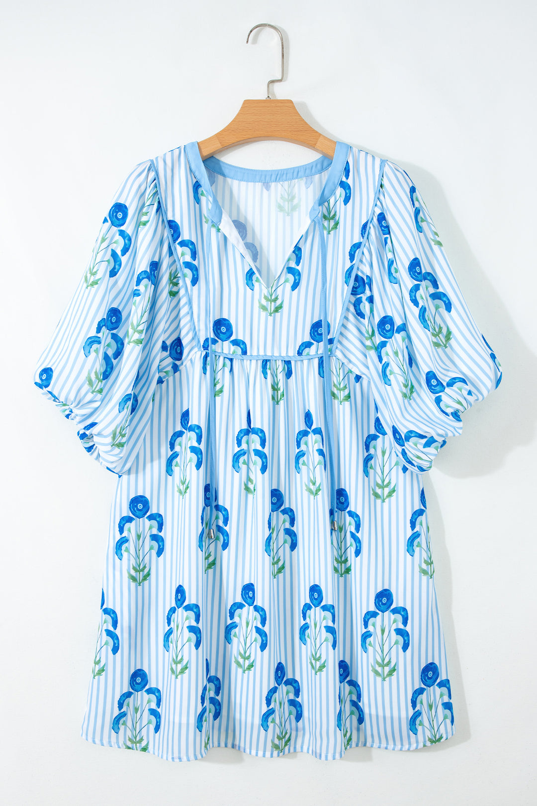 Sky Blue Floral Striped Print Tie Notched Neck Puff Sleeve Flared Mini Dress