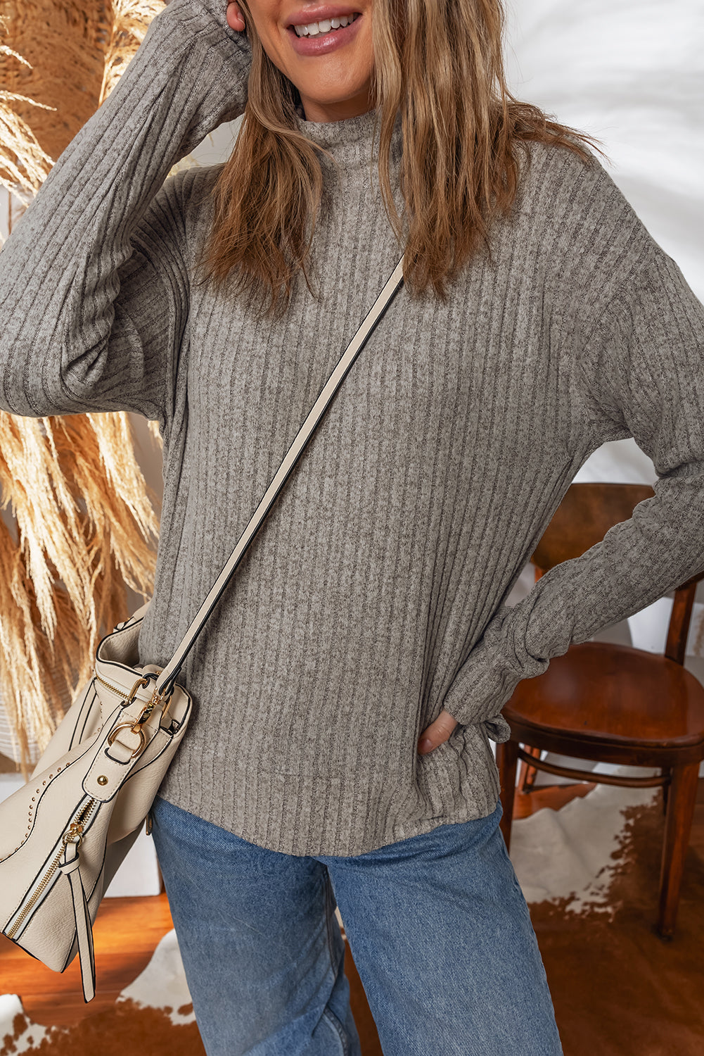 Ribbed High Neck Knitted Pullover Top