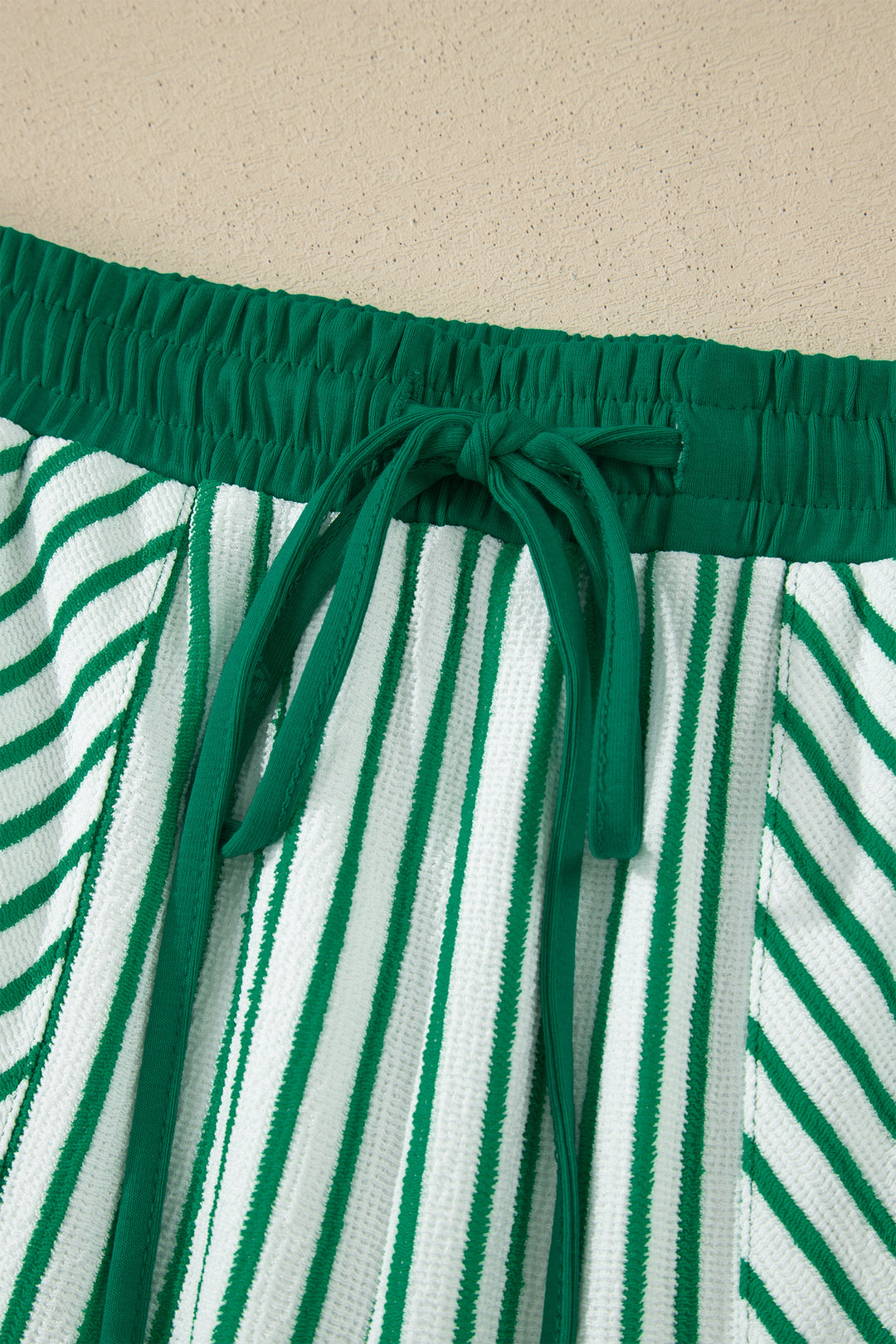 Green Stripe Crew Neck Tee Drawstring Waist Cropped Pants Set