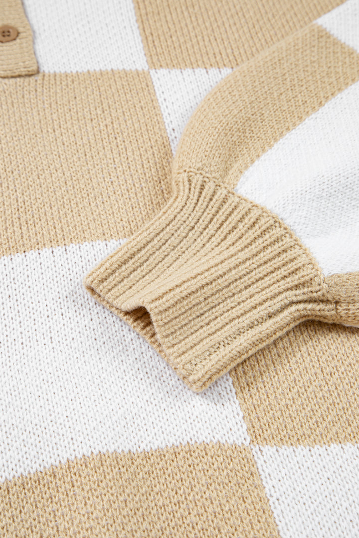 Light French Beige Checkered Pattern Polo Collar Loose Sweater