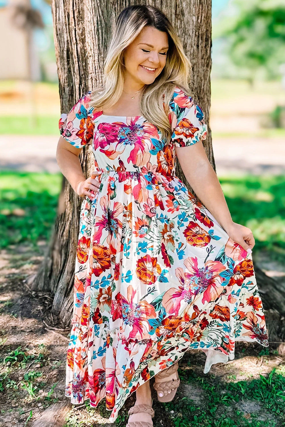 White Floral Square Neck Flowy Plus Size Midi Dress