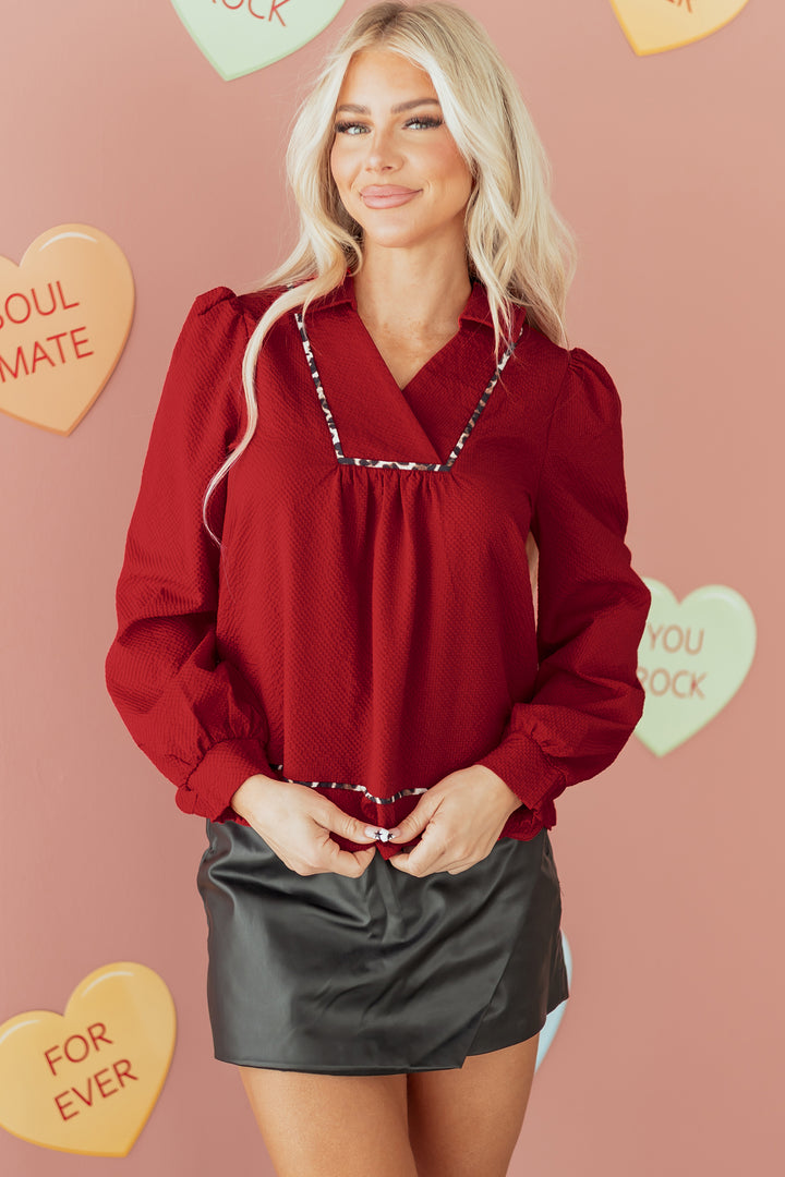 Collar V Neck Leopard Contrasted Trim Textured Blouse