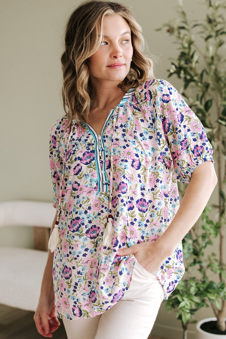 Bohemian Floral V Neck Loose Half Sleeve Blouse