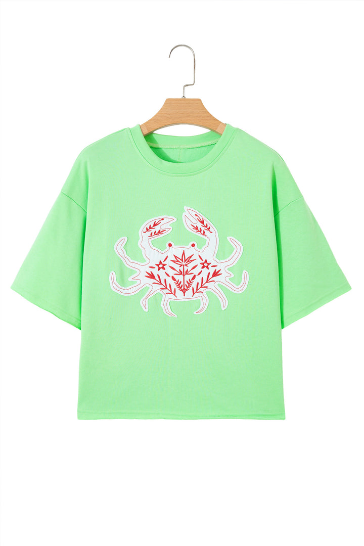 Bright Green Crab Embroidered Patch Loose Round Neck Tee