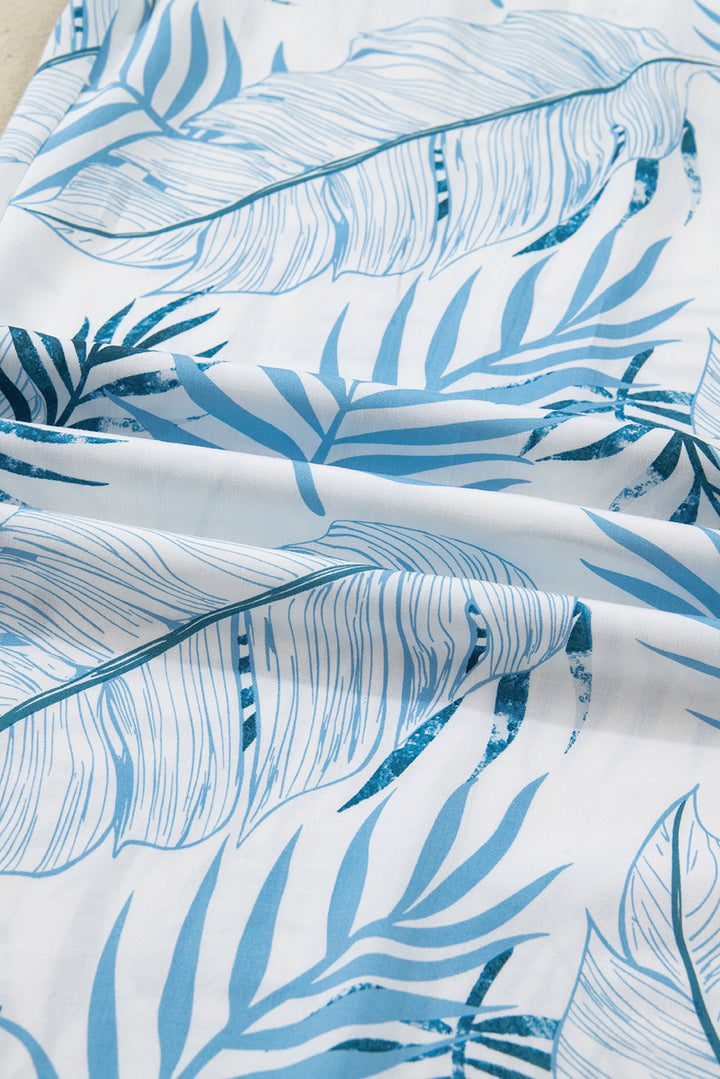 Sky Blue Botanic Print Shirred Waistband Wide Leg Pants