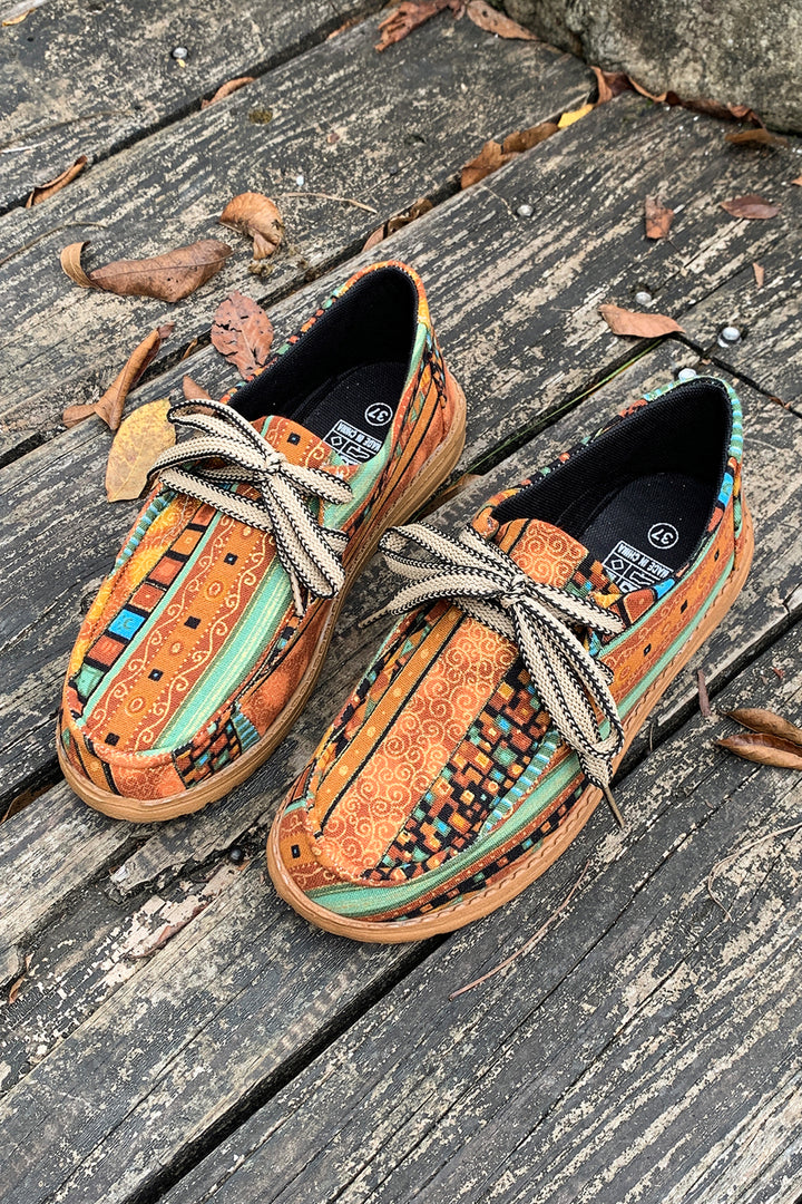 Ethnic Artistic Print Lace-up Detail Comfort Loafer Shoes