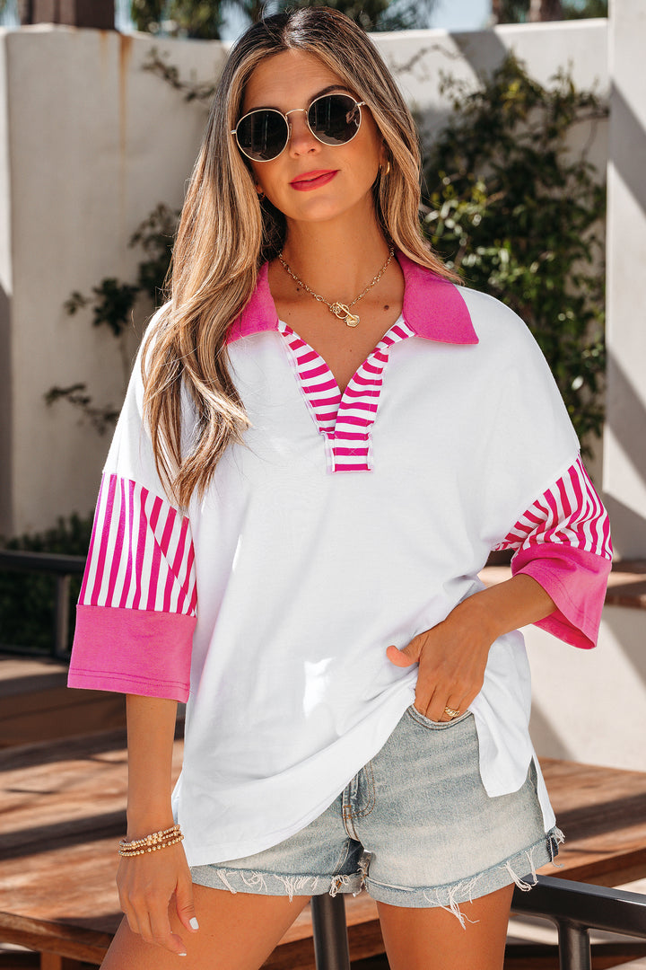 Striped Color Block Patchwork Polo Collar Half Sleeve T Shirt