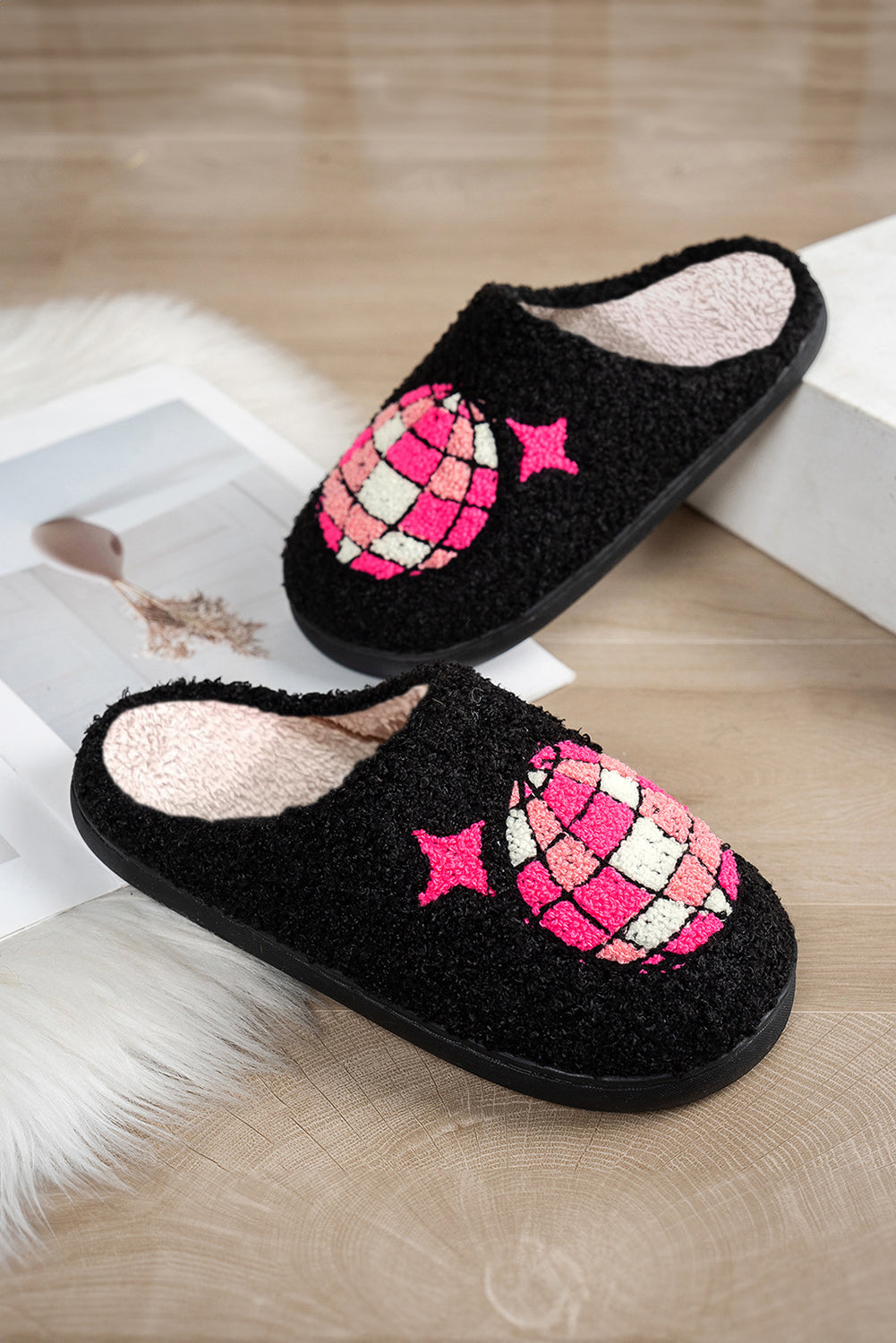 Disco Ball Print Fuzzy Winter House Slippers