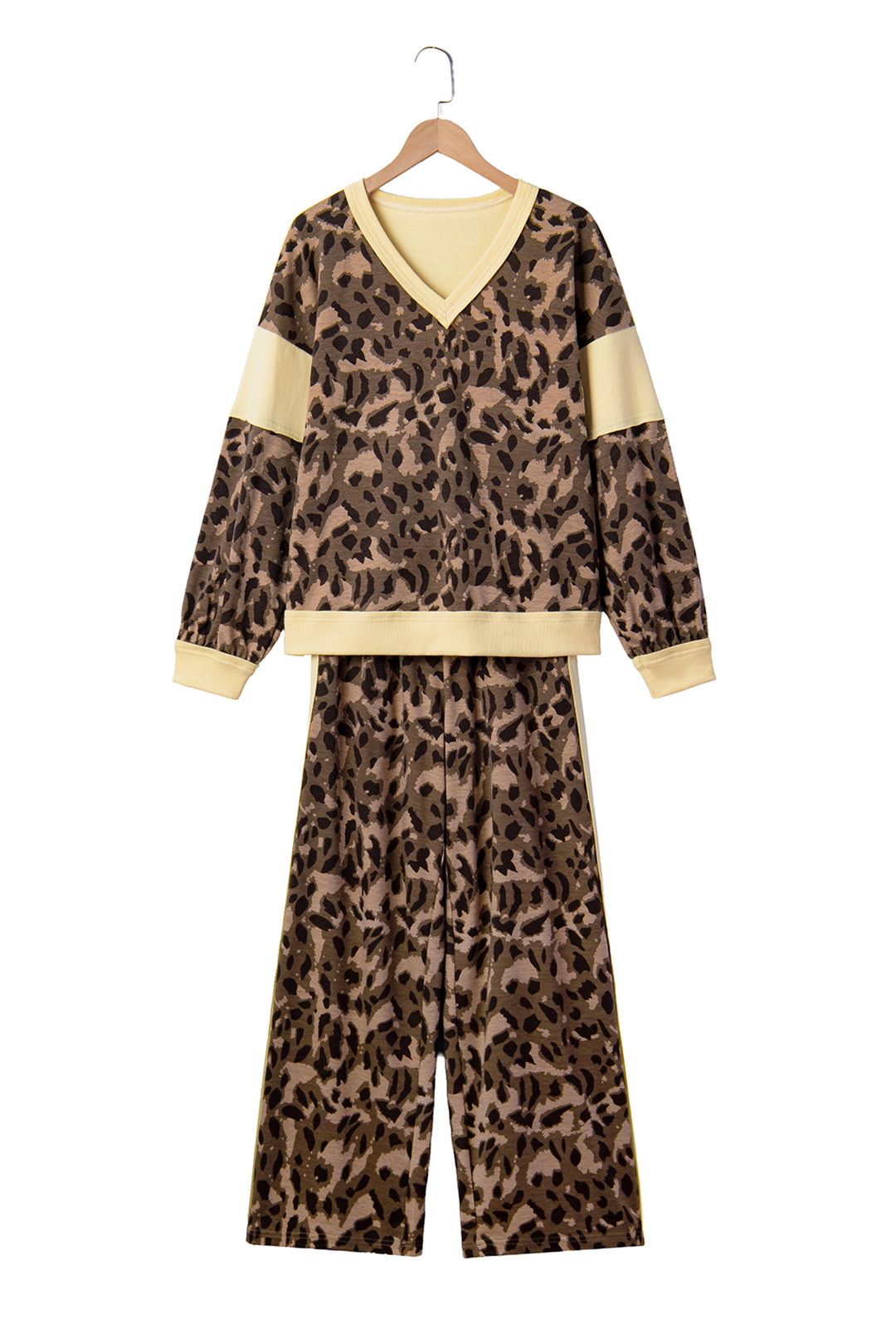 Brown Leopard Print Long Sleeve V-Neck Wide Leg Pant Set