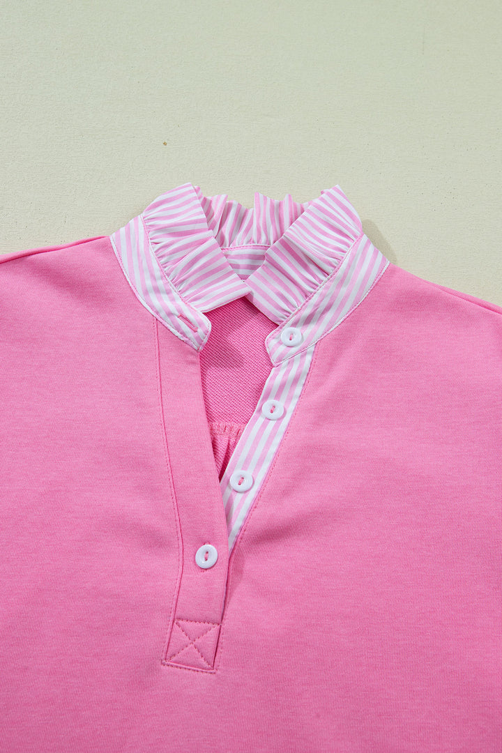 Sachet Pink Striped Frilled Collar Short Sleeve Blouse
