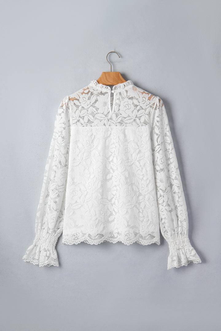 White Ruffled Round Neck Long Flounce Sleeve Sheer Lace Blouse