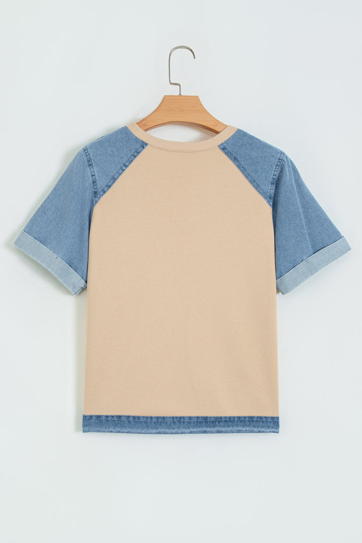 Parchment Denim Color Block Patchwork Round Neck Tee