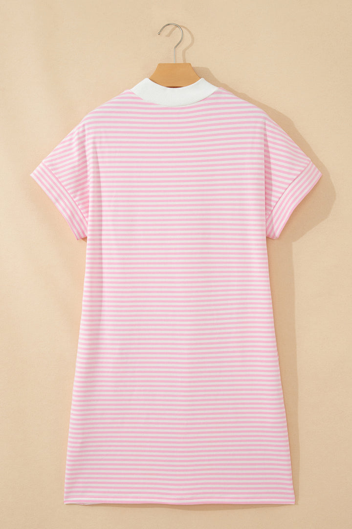 Pink Stripe Cuffed Short Sleeve Contrast Mock Neck Tee Dress
