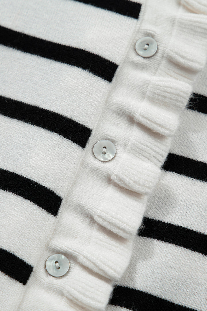 Beige Stripe Ruffle Trim Button Down Knit Short Sleeve Sweater Cardigan