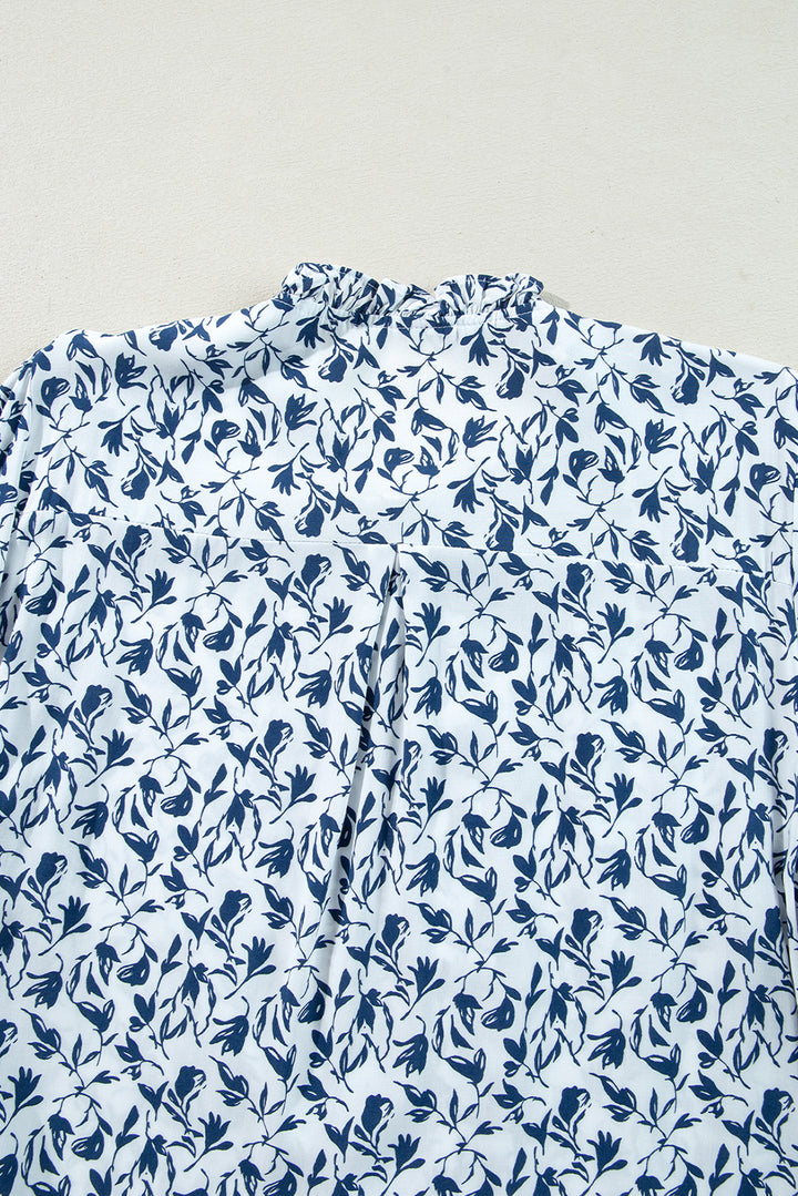 Blue Printed Lace Detail Floral Puff Sleeve Fall Shirt