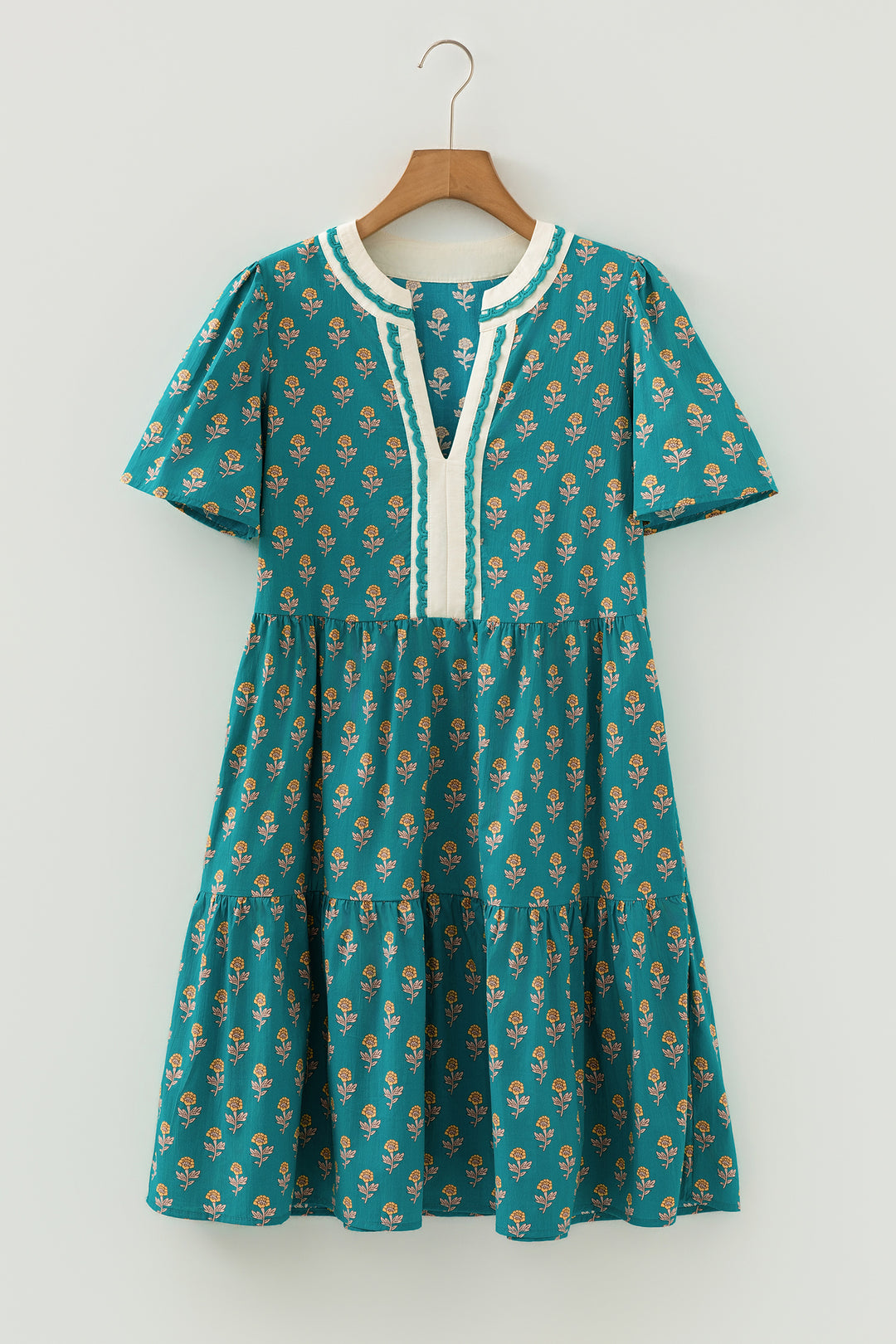 Contrast Trim V Neck Short Sleeve Floral Dress