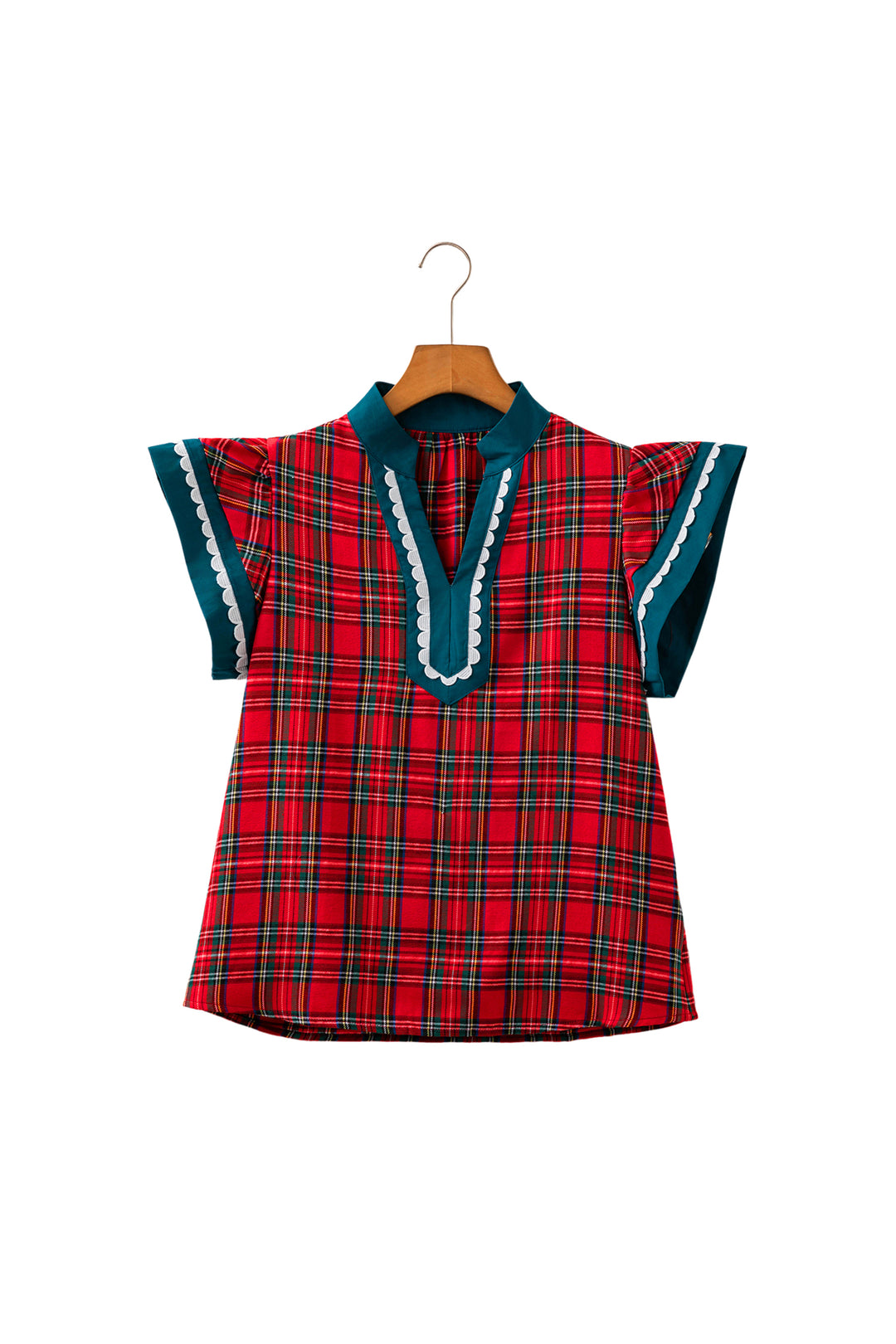 Red Plaid V Neck Short Sleeve Shift Blouse
