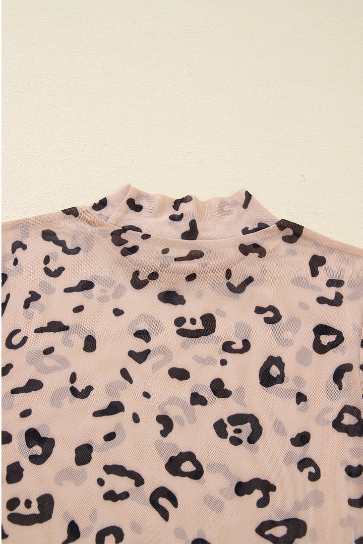 Mock Neck Sheer Mesh Leopard Long Sleeve Bodysuit