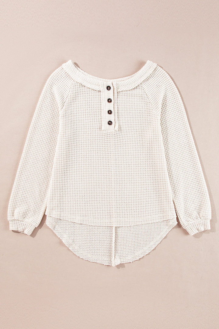 Waffle Knit Buttoned Front Raglan Sleeve Loose Blouse
