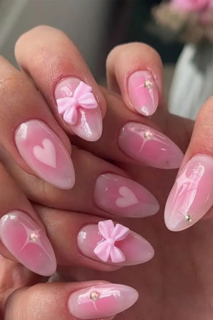 Heart Print Bow Rhinestone Decor Almond Shape False Nail