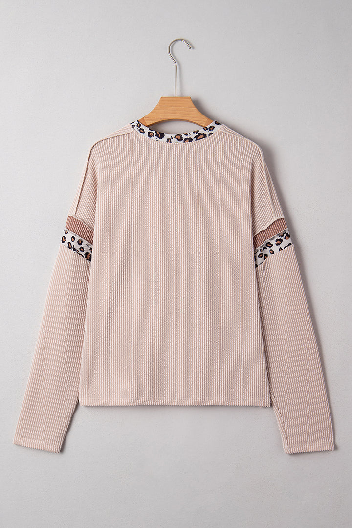 Beige Twist Ribbed Leopard Color Block Detail Drop Shoulder Long Sleeve Top