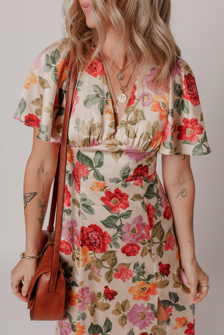 Vintage Floral V Neck Short Sleeve Tie Back Long Slit Dress