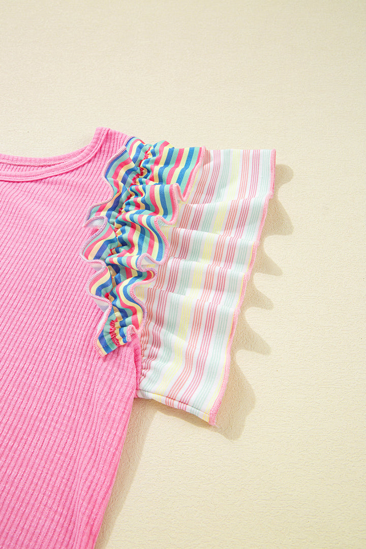 striped ruffle flutter sleeve ribbed blouse