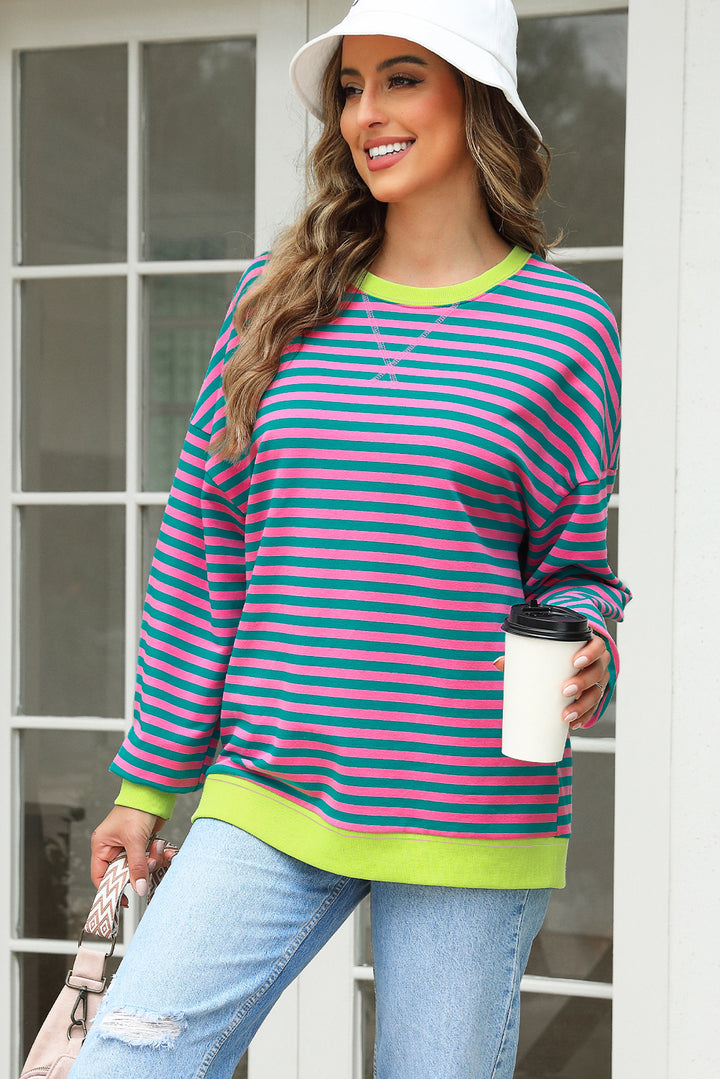 Contrast Ribbed Trim Crossed Stitch Drop Shoulder Sweatshirt