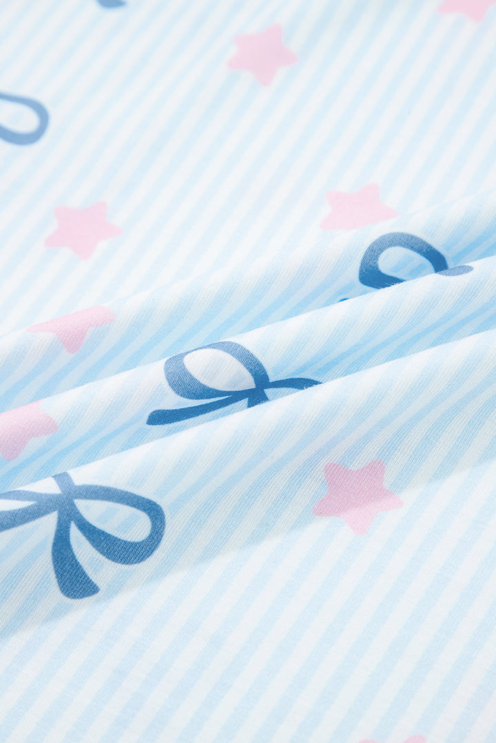 Sky Blue Stripe Bow Star Print Tied Detail 2pcs Lounge Set