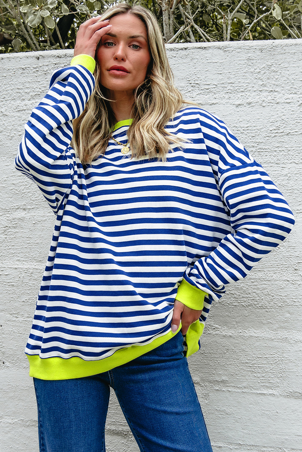 Striped Contrast Ribbed Trim Crossed Stitch Drop Shoulder Sweatshirt