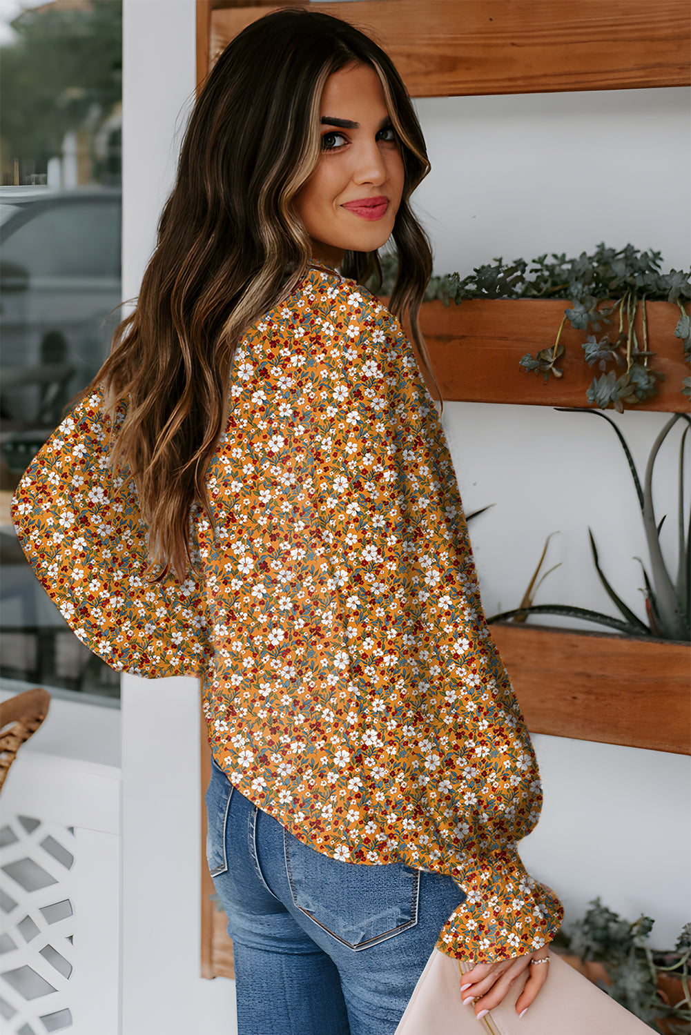 Boho Floral Ruffled Bubble Sleeve V Neck Fall Blouse