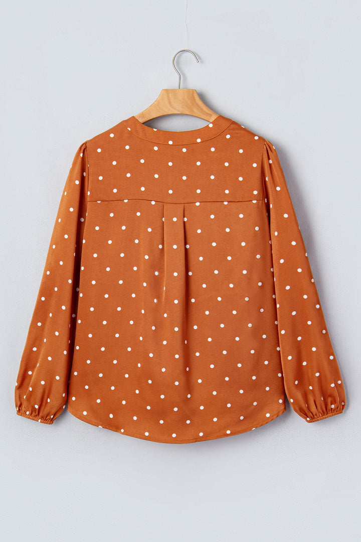 Brown Polka Dot V Neck Long Sleeve Blouse