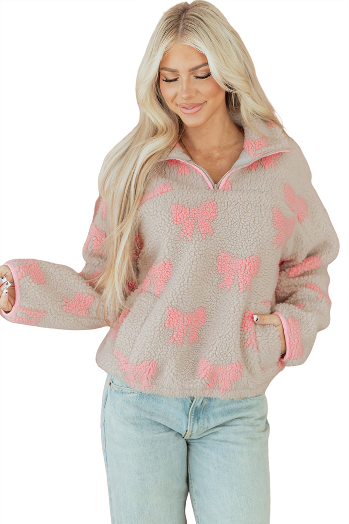 Bow Sherpa Quarter Zip Drop Shoulder Baggy Sweatshirt
