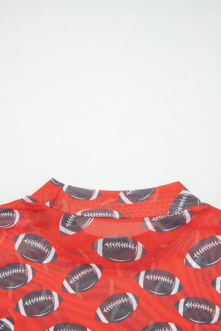 Red Rugby Game Day Sheer Mesh Long Sleeve Top