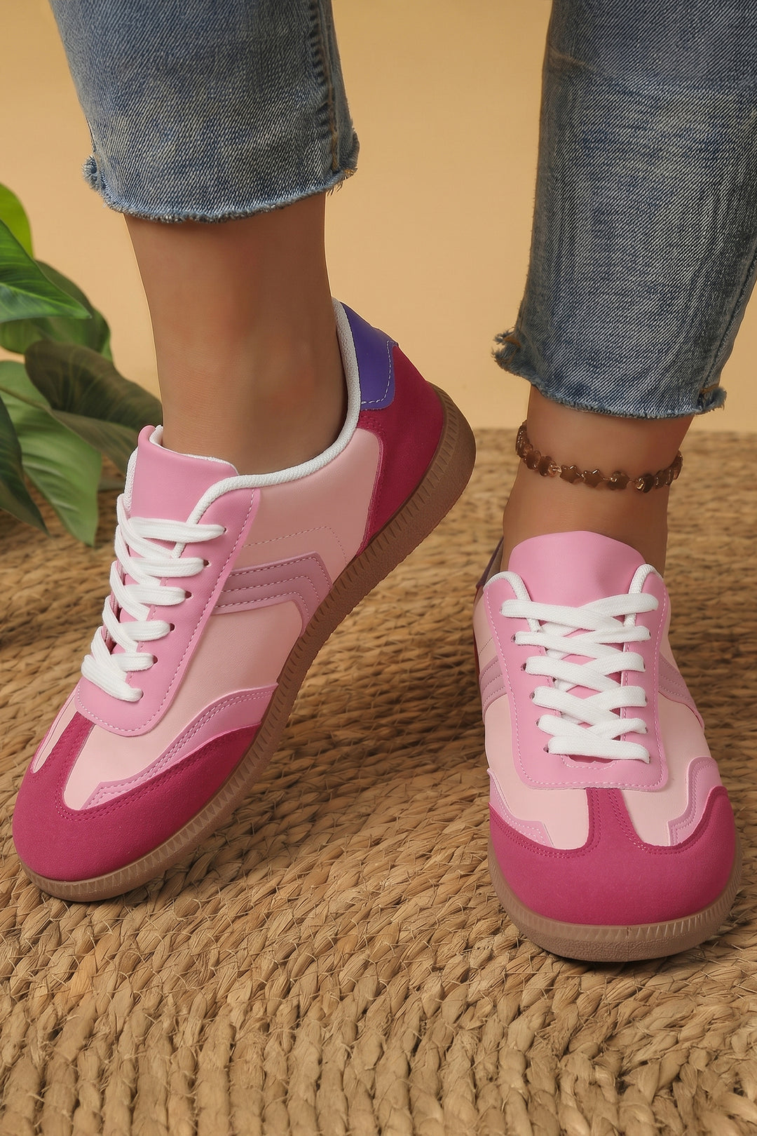 Pink Color Block PU Leather Lace-Up Rubber Sole Flat Shoes