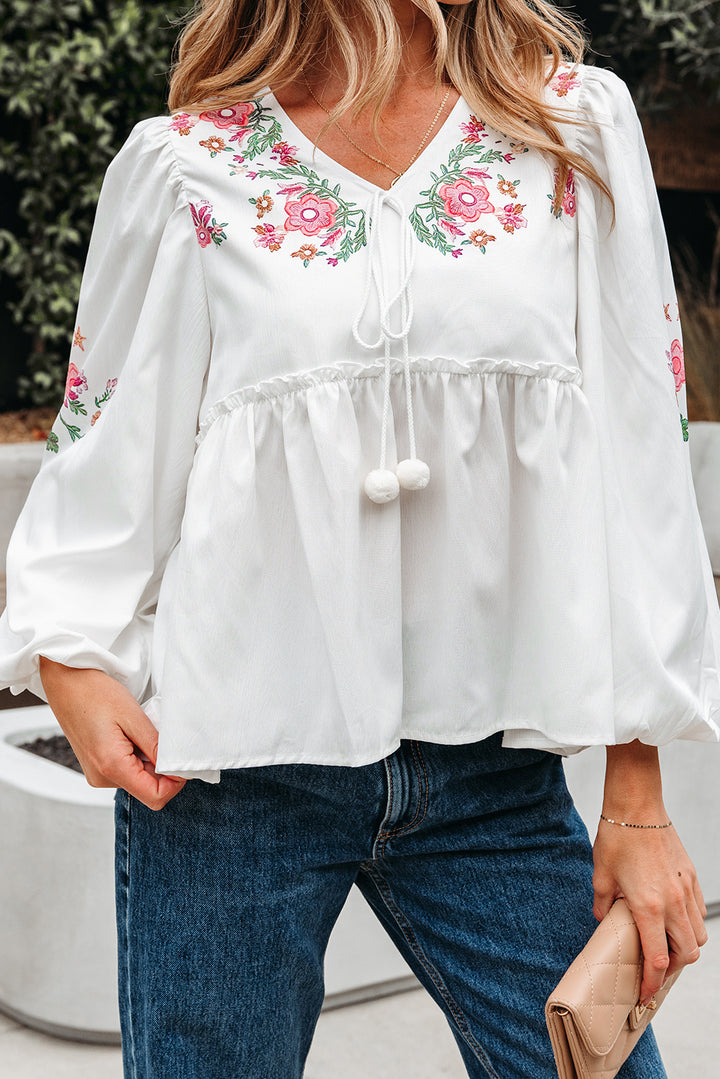 Flower Print Lace-up V Neck Babydoll Blouse