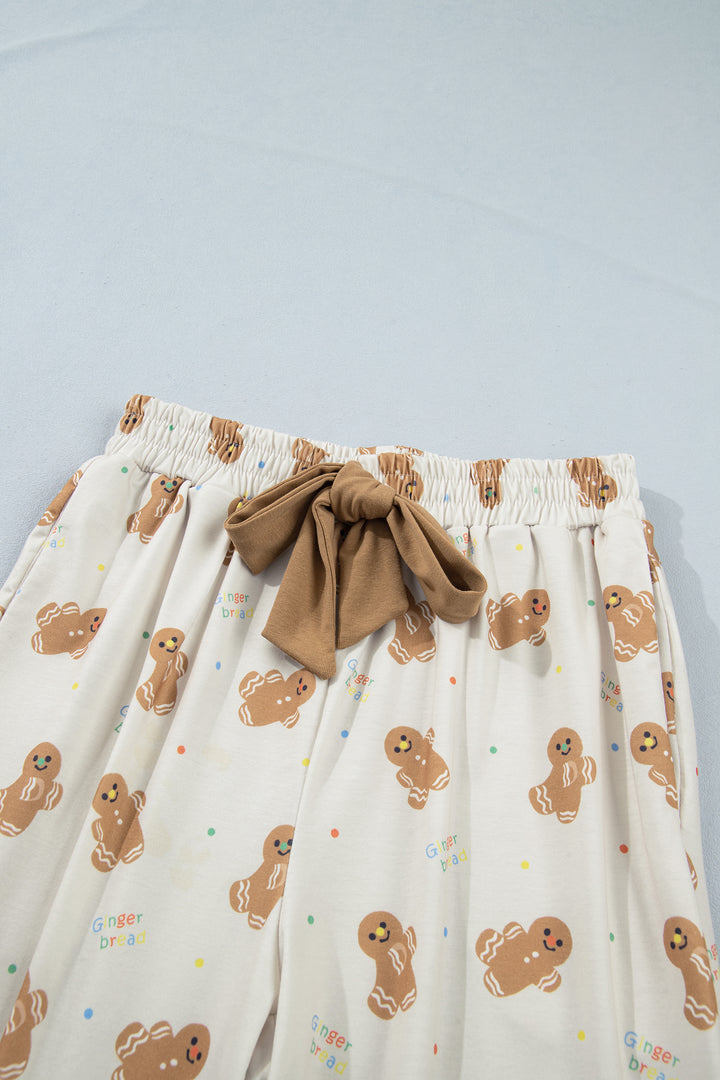 Khaki Abstract Gingerbread Print Colorblock Long Sleeve Two Piece Lounge Set