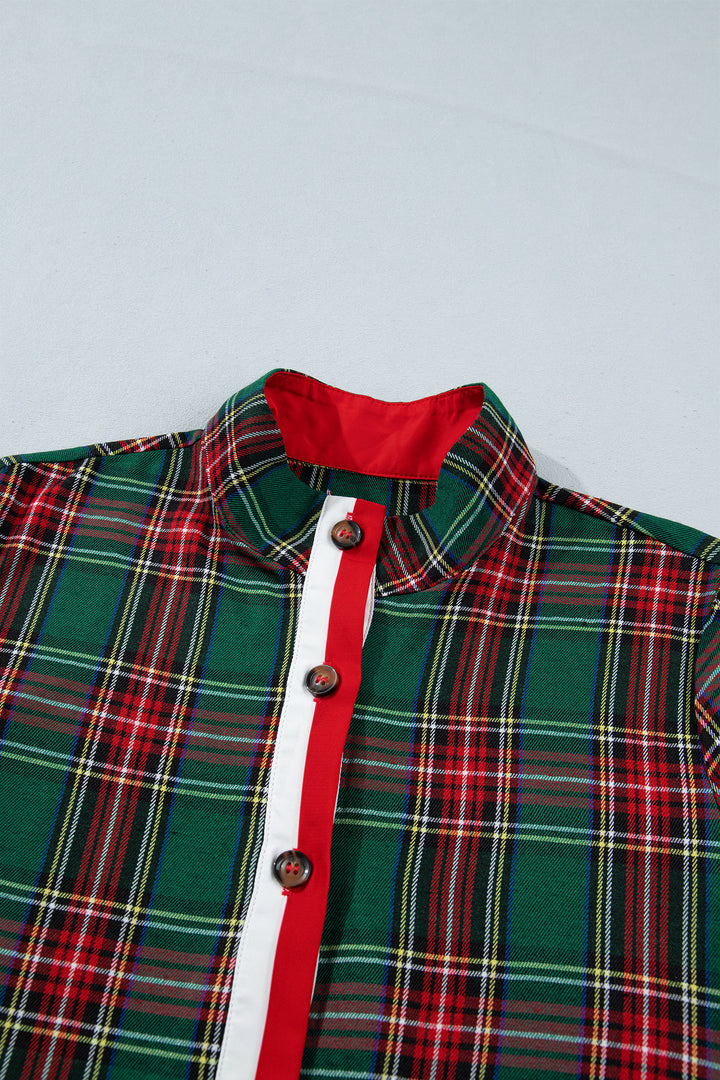 Green Plaid Button Front Short Sleeve Shift Dress