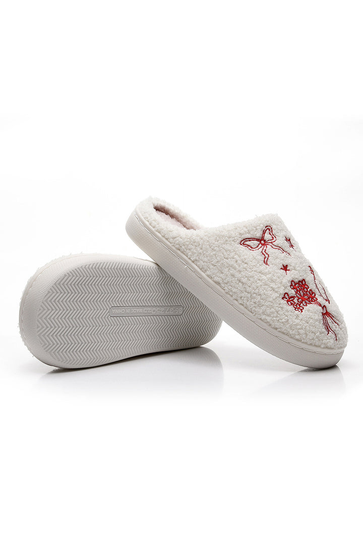 Plush Asymmetric Wedding Doodles Embroidered Slippers