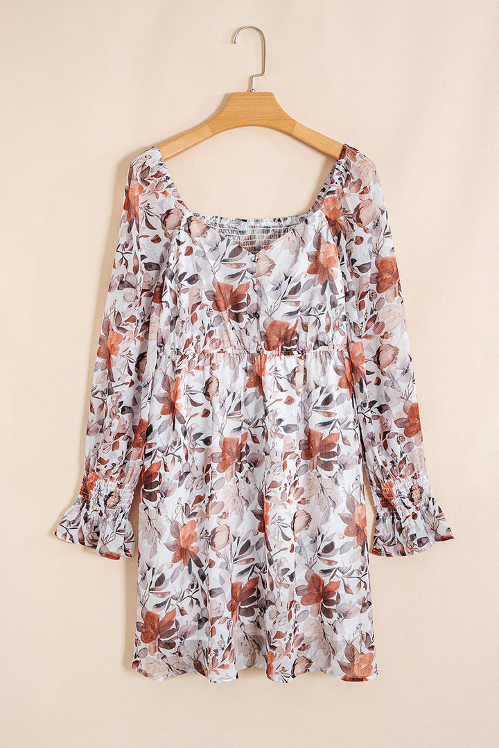 Floral Print Sweetheart Neck Long Sleeve High Waist Mini Dress